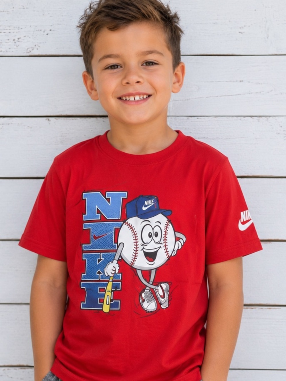 Nike Red Boys Graphic Baseball Tee with Blue Accents and White Swoosh